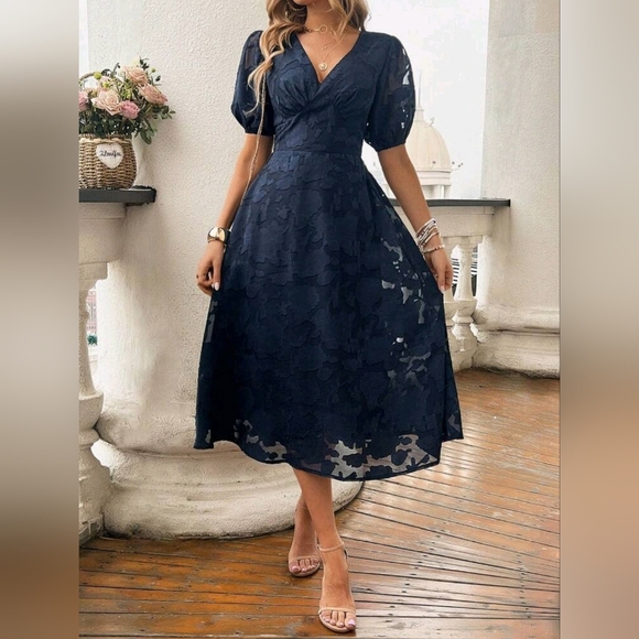 New Navy Lace Shoulder Sheer Long Sleeve Dress main image 0